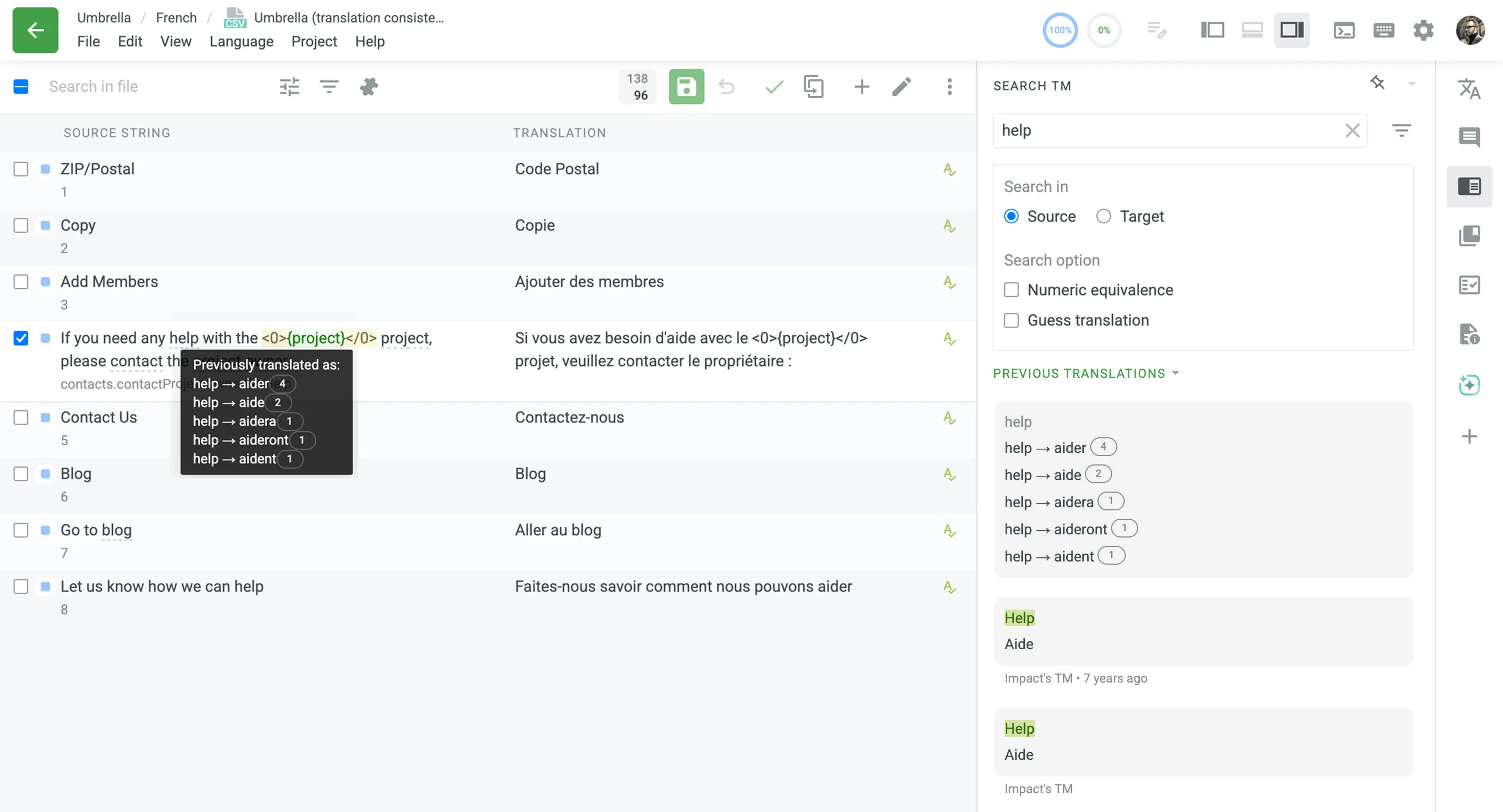 Previous translations in the Editor